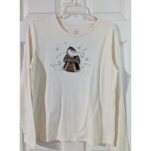 Delicate Ivory Holiday Santa Long Sleeve Top Christmas Winter Shirt‎ Medium
